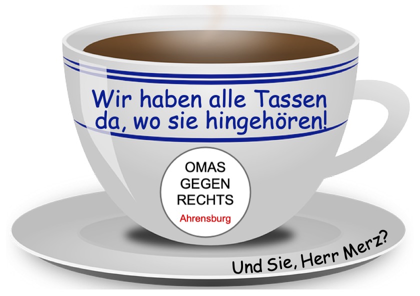 Tasse mit Schriftzug: Wir haben alle Tassen da, wo sie hingehören! Sie auch, Herr März?