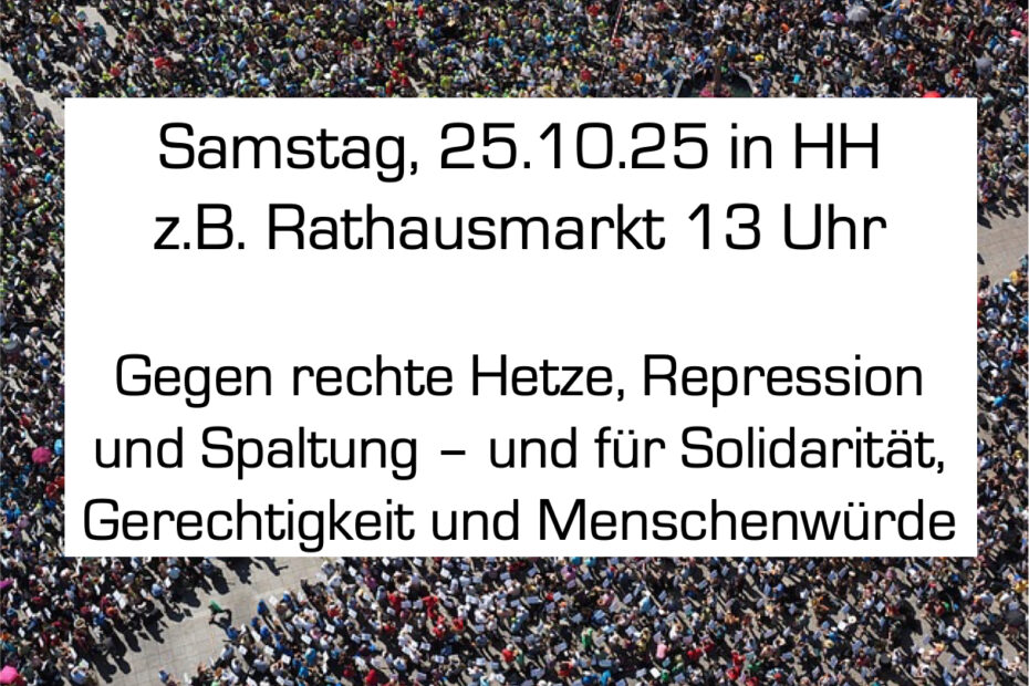 Foto Demo Vogelperspektive mit Text: Samstag, 25.10.25 in HH z.B. Rathausmarkt 13 Uhr Gegen rechte Hetze, Repression und Spaltung – und für Solidarität, Gerechtigkeit und Menschenwürde