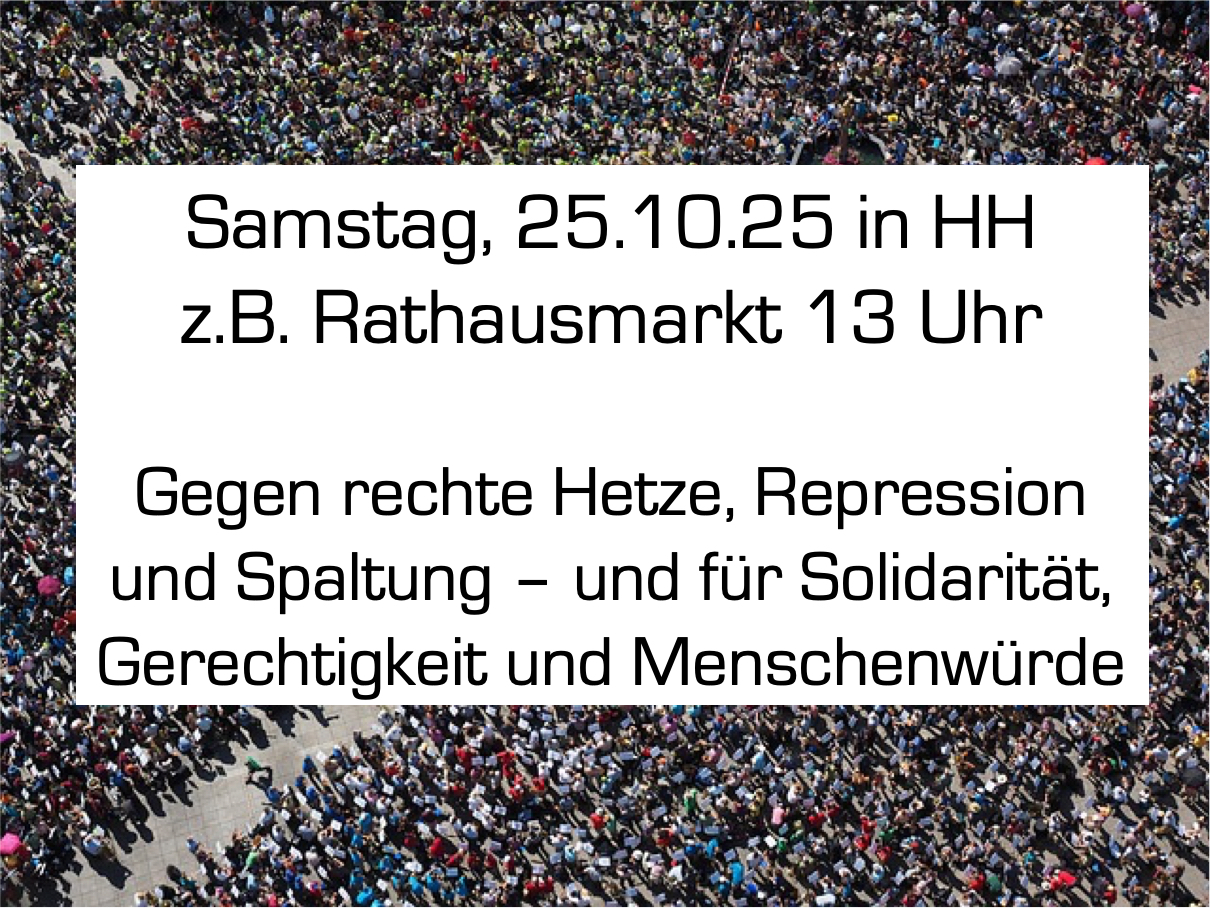 Foto Demo Vogelperspektive mit Text: Samstag, 25.10.25 in HH z.B. Rathausmarkt 13 Uhr Gegen rechte Hetze, Repression und Spaltung – und für Solidarität, Gerechtigkeit und Menschenwürde