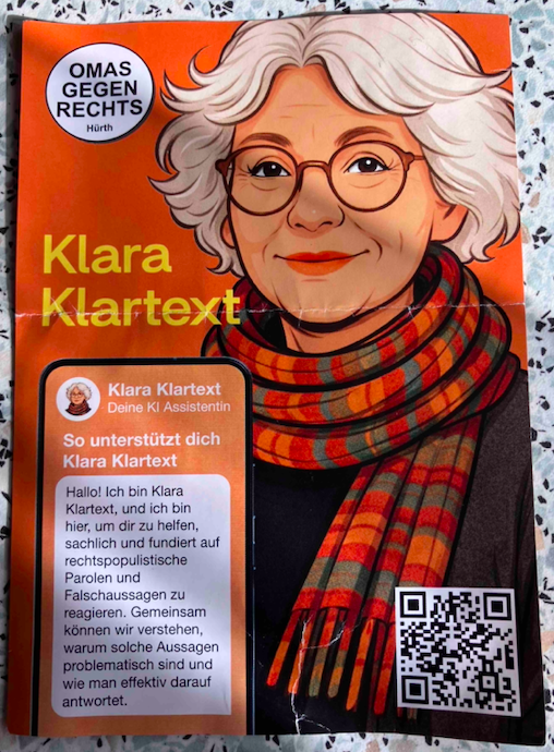 Klara Klartext Flyer Seite 2 mit Beispieltext und QR Code