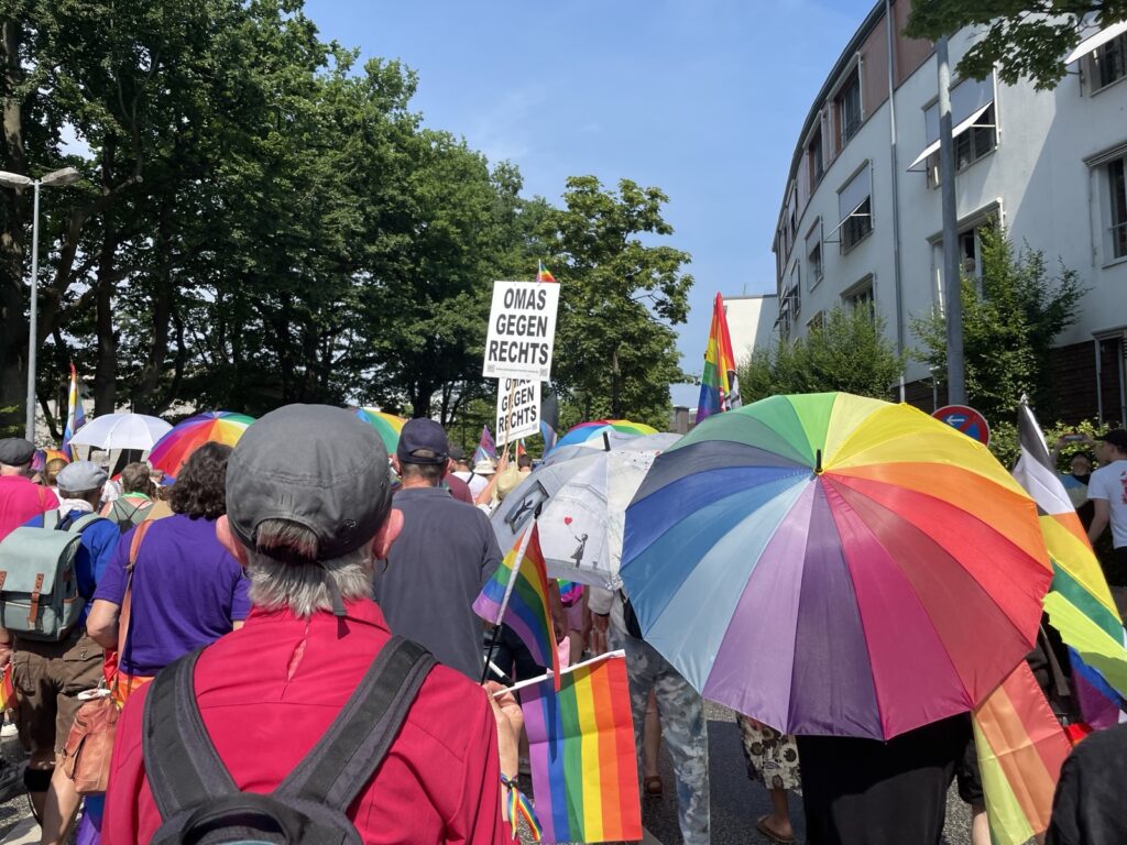 Erster CSD 2026 in Ahrenburg. Bild zeigt Demozug und Schilder der Omas gegen Rechts.